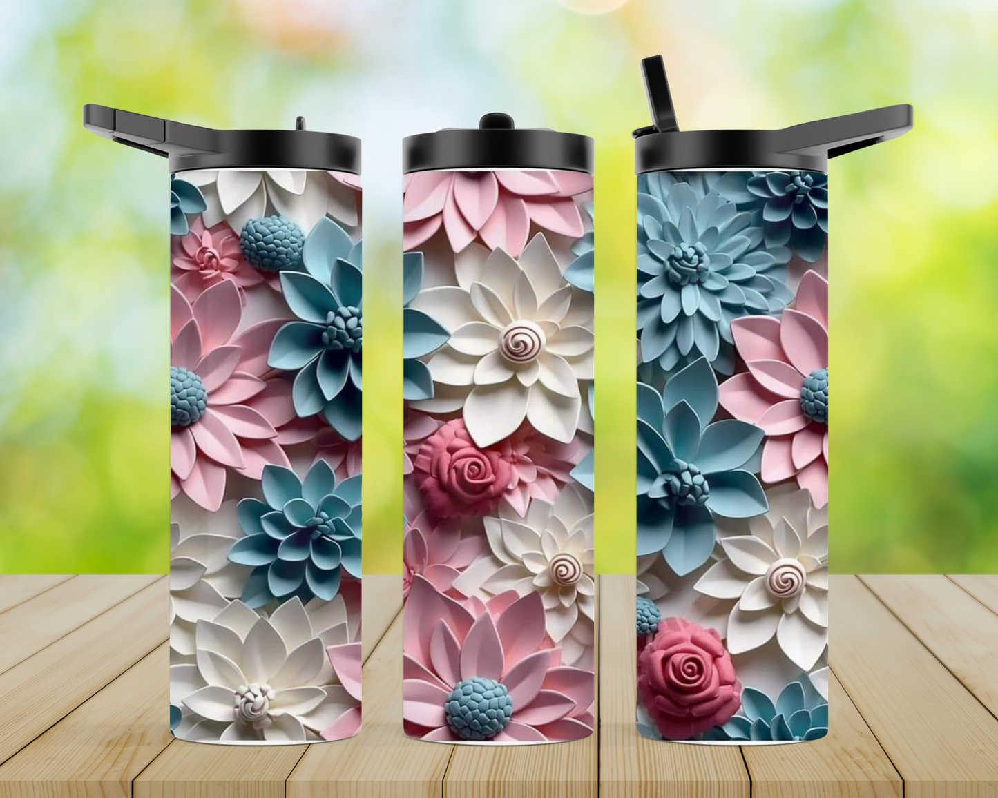 20oz Duo Skinny Tumbler - 3d Pink, White and Blue Flowers