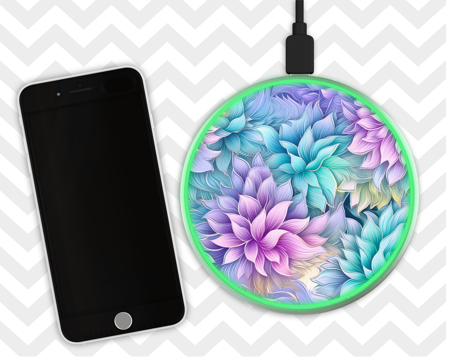 Phone Charger - blue pink pastel flowers