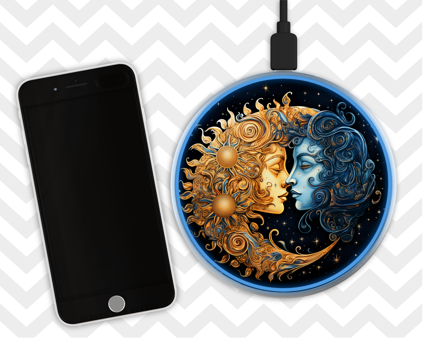 Phone Charger - Yellow Sun blue moon celestial
