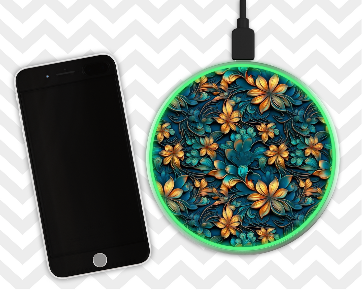 Phone Charger - Turquoise and Orange Flowers