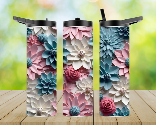 20oz Skinny Tumbler - 3d Pink, White and Blue Flowers