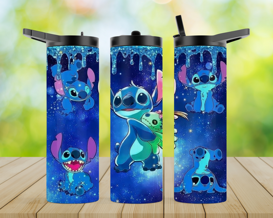 20oz Skinny Tumbler - Your favorite little blue guy - Glittery style!