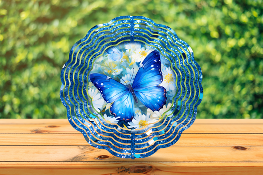 Wind Spinner - Blue Glittery Butterfly with Pretty Daisies