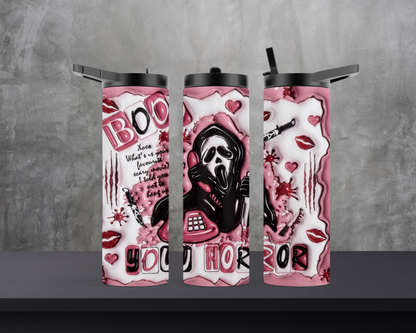 20oz Duo Skinny Tumbler - Cool NEW Halloween design!  The Duo tumbler has 2 lids, both screw on to stop leaks!  Carabiner clip comes in handy to attach to your purse, bookbag, or whatever you need!  BOO You Horror!!