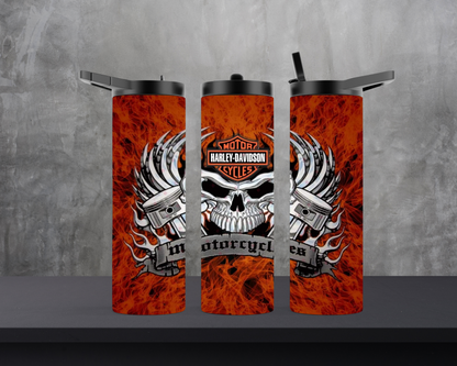 20oz Skinny Tumbler - HD Motorcycle - Skull and flames