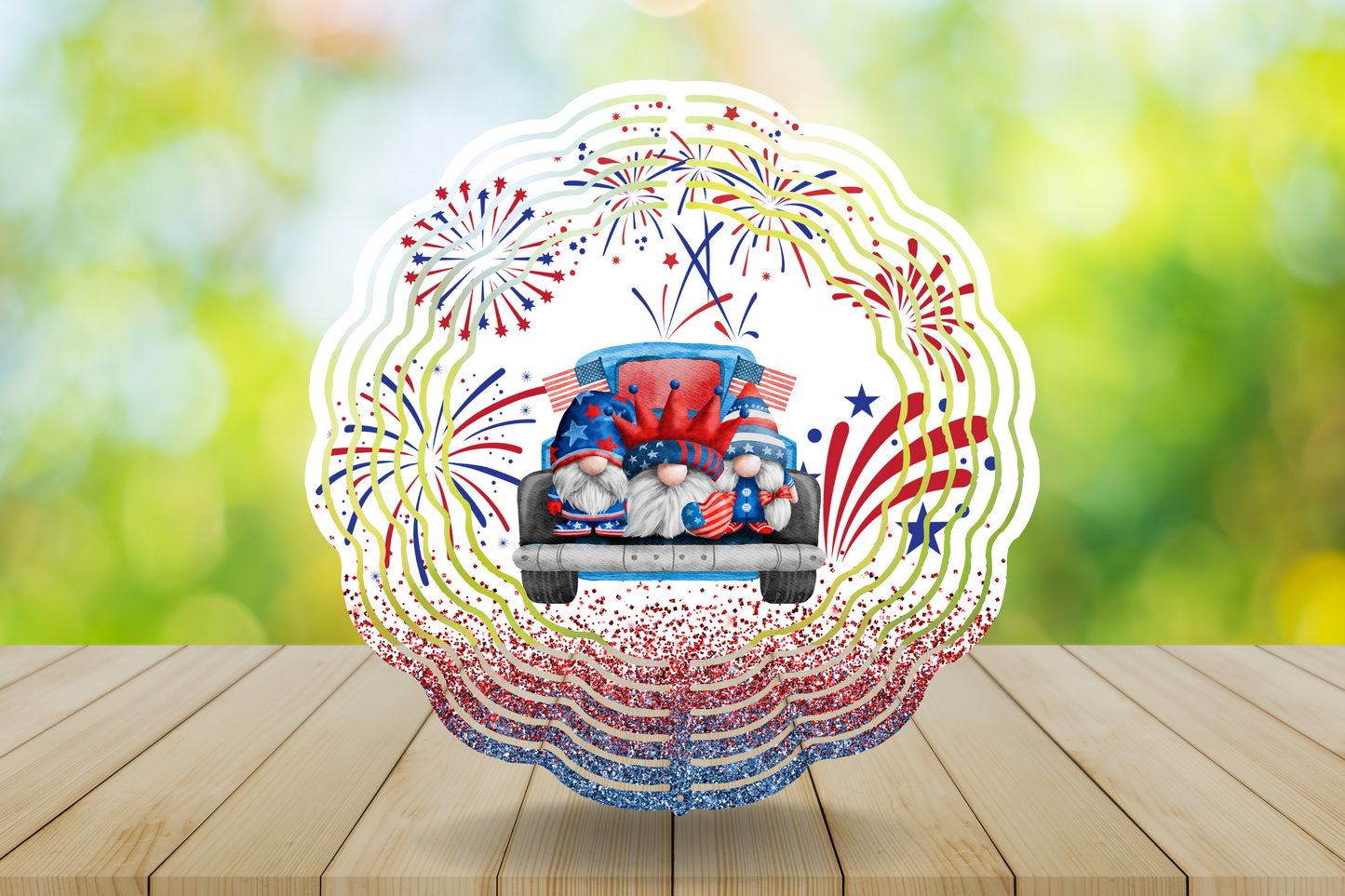 Wind Spinner - Patriotic Gnomes with Fireworks