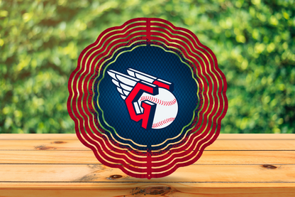 Wind Spinner - Cleveland baseball team featuring red outer rings and blue inner circle!  Gorgeous, vivid colors - makes a GREAT addition to your home, deck, patio -- or anywhere!