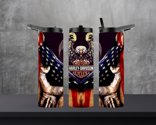 20oz Skinny Tumbler - HD Motorcycle - American Flag and Eagle