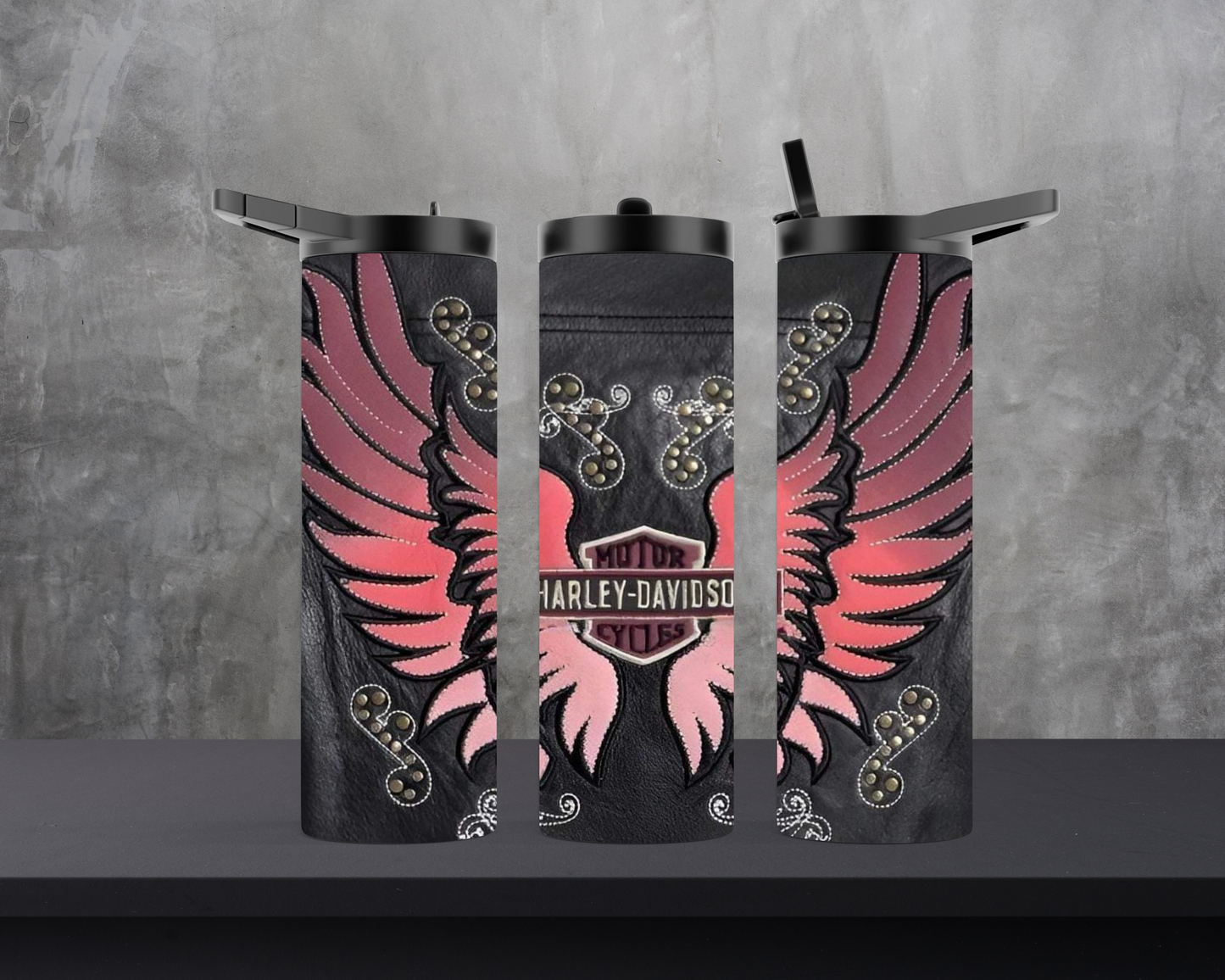 20oz Skinny Tumbler - HD Motorcycle - Pink Wings on leather pocket