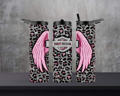 20oz Skinny Tumbler - HD Motorcycle - Pink Wings and Leopard Print