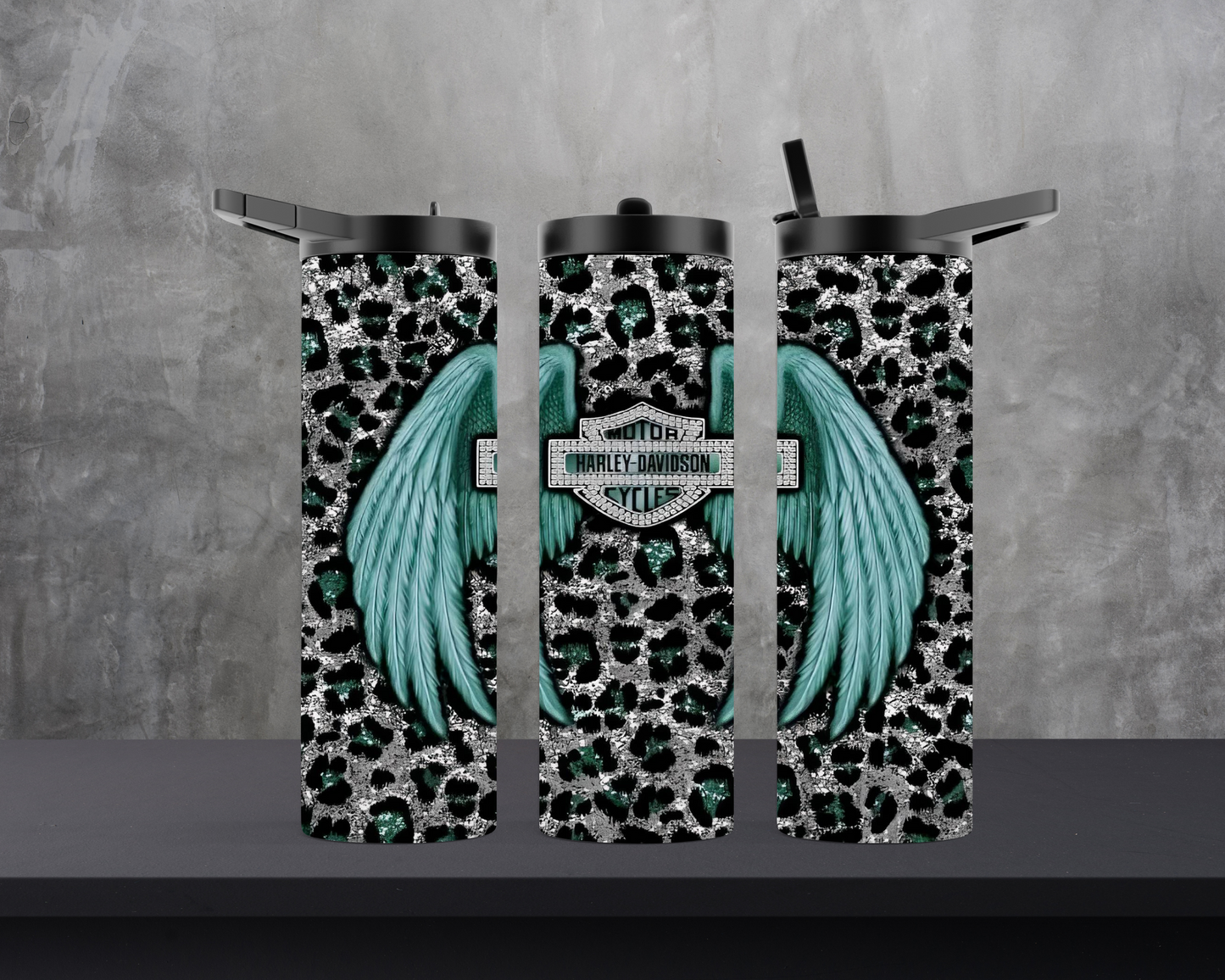 20oz Skinny Tumbler - HD Motorcycle - Turquoise wings, glitter and leopard print