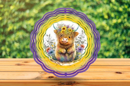 Wind Spinner - Highland Cow with flowers