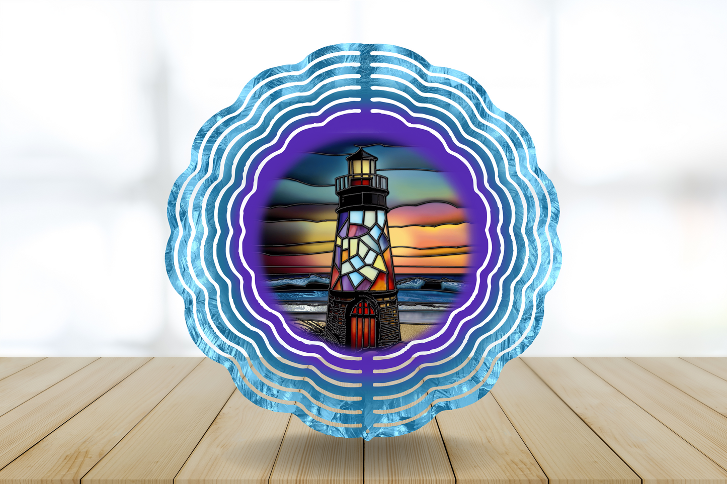 Wind Spinner - Stained Glass Lighthouse at Dusk