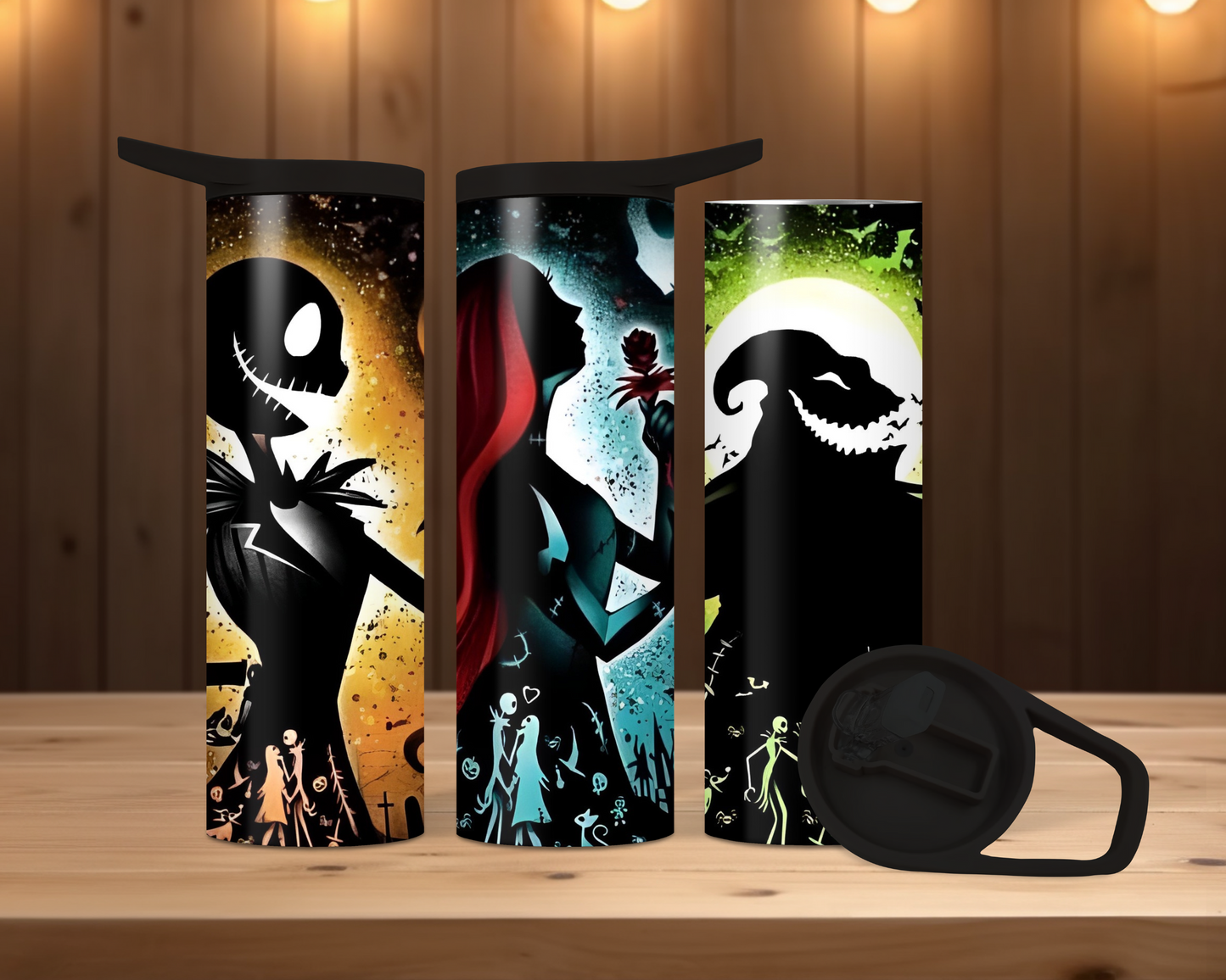 20oz Duo Skinny Tumbler  Featuring a Nightmare-ish trio! Duo tumblers come with 2 screw on lids, one with sip spout and a carabiner clip, the other is a clear sliding style lid!  Perfect for hot or cold beverages!