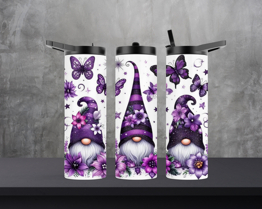 20oz Duo Skinny Tumbler - Gnomes with Flowers and Butterflies - Purple and Black