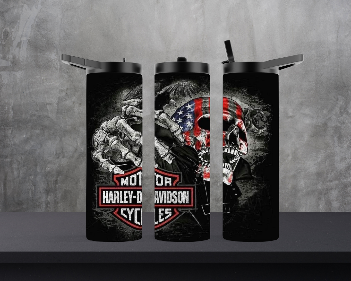 20oz Skinny Tumbler - HD Motorcycle - Flag on skull