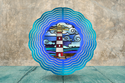 Wind Spinner - Red and White Stained Glass Styled Lighthouse