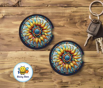 Car Coasters - 2pk - Stained Glass Sunflower