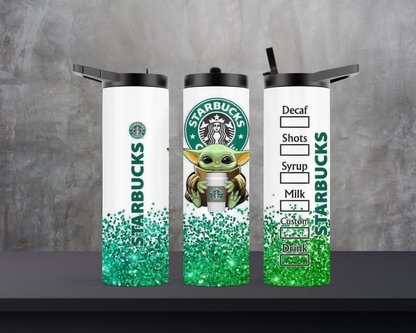 20oz Duo Skinny Tumbler - Baby Yoda - green glittery style