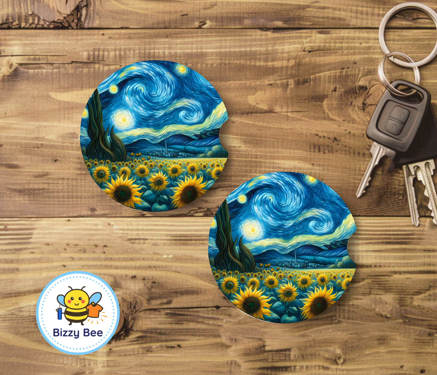 Car Coasters - 2pk - Starry Sunflowers