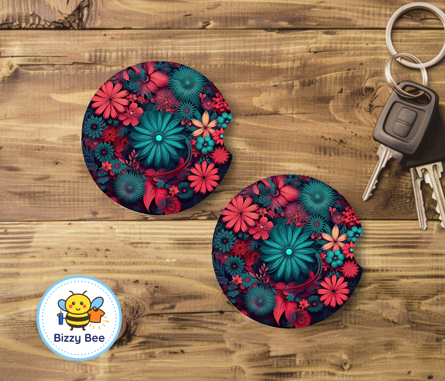 Car Coasters - 2pk - Turq and coral flowers