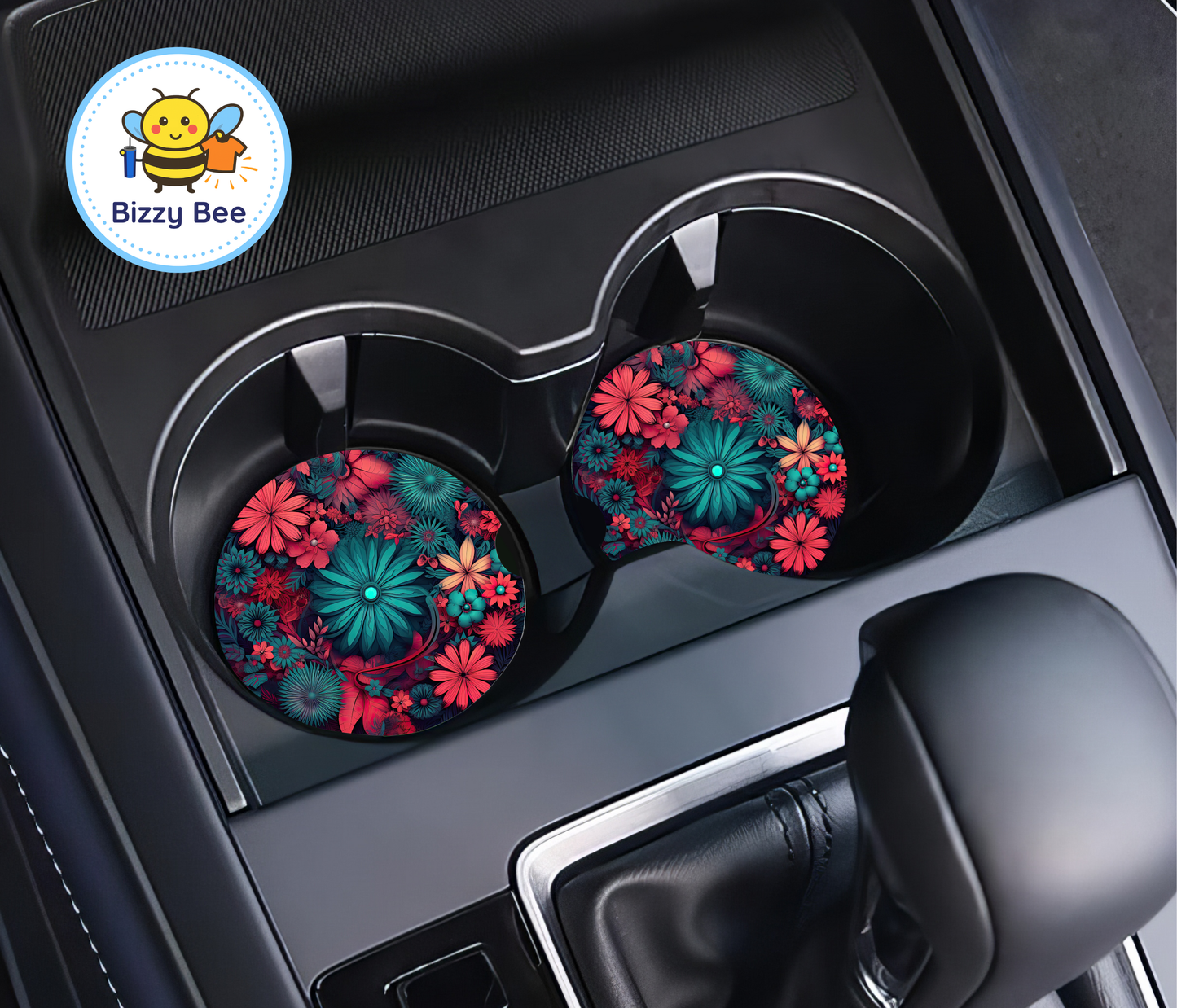 Car Coasters - 2pk - Turq and coral flowers
