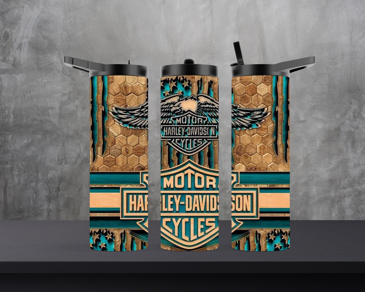 20oz Skinny Tumbler - HD Motorcycle - Turquoise woodgrain style