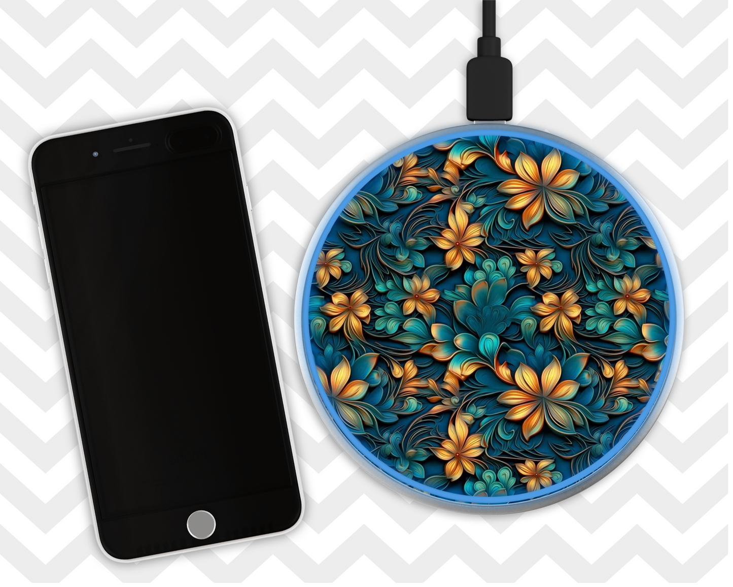 Wireless LED Charger - Turquoise and Orange Flowers