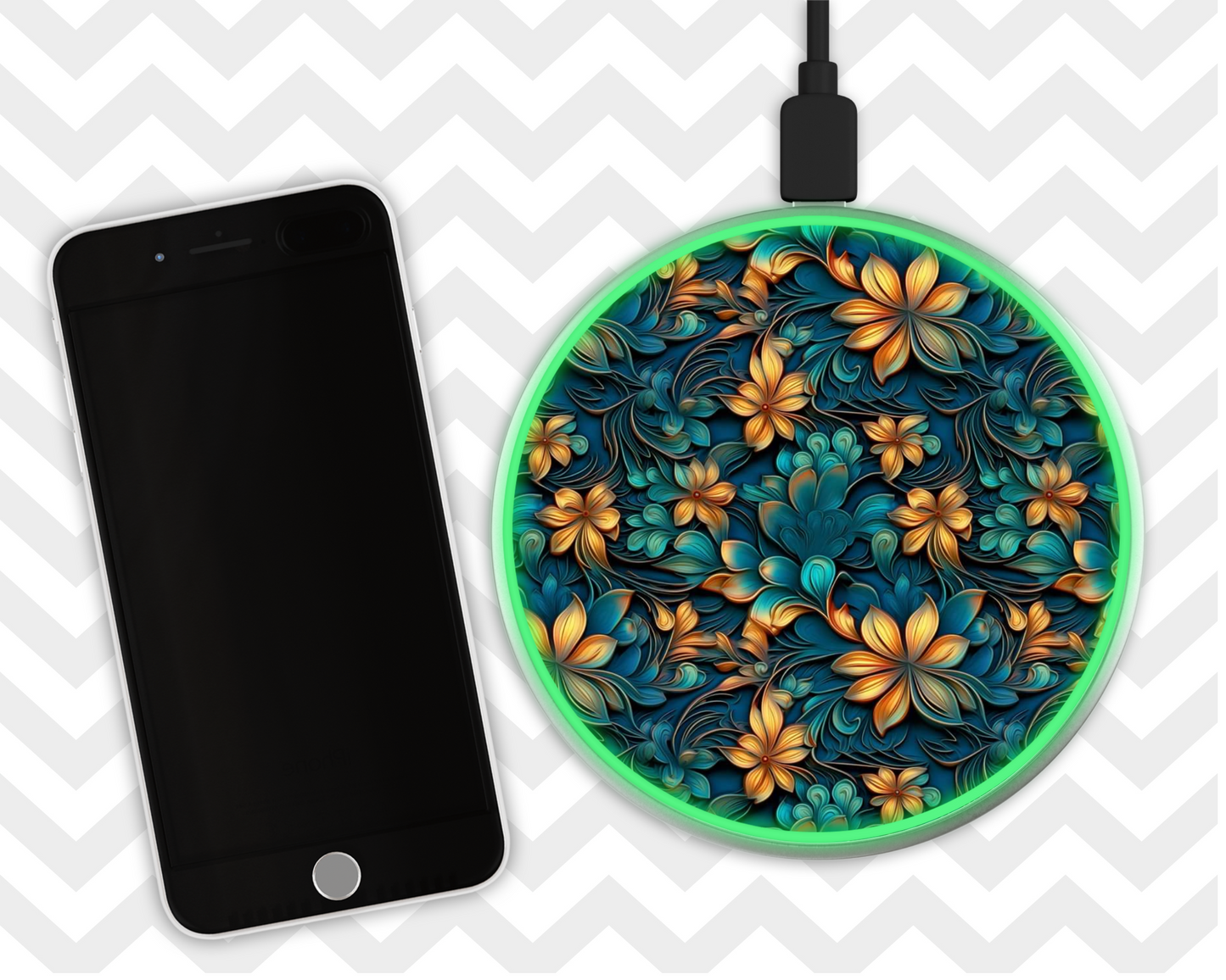 Wireless LED Charger - Turquoise and Orange Flowers