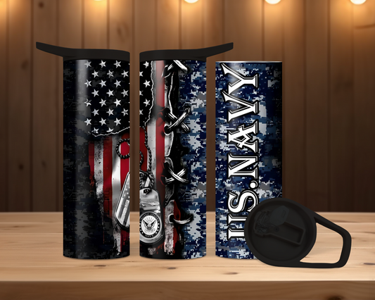 20oz Skinny Duo - US Navy Flag, tags and Blue camo
