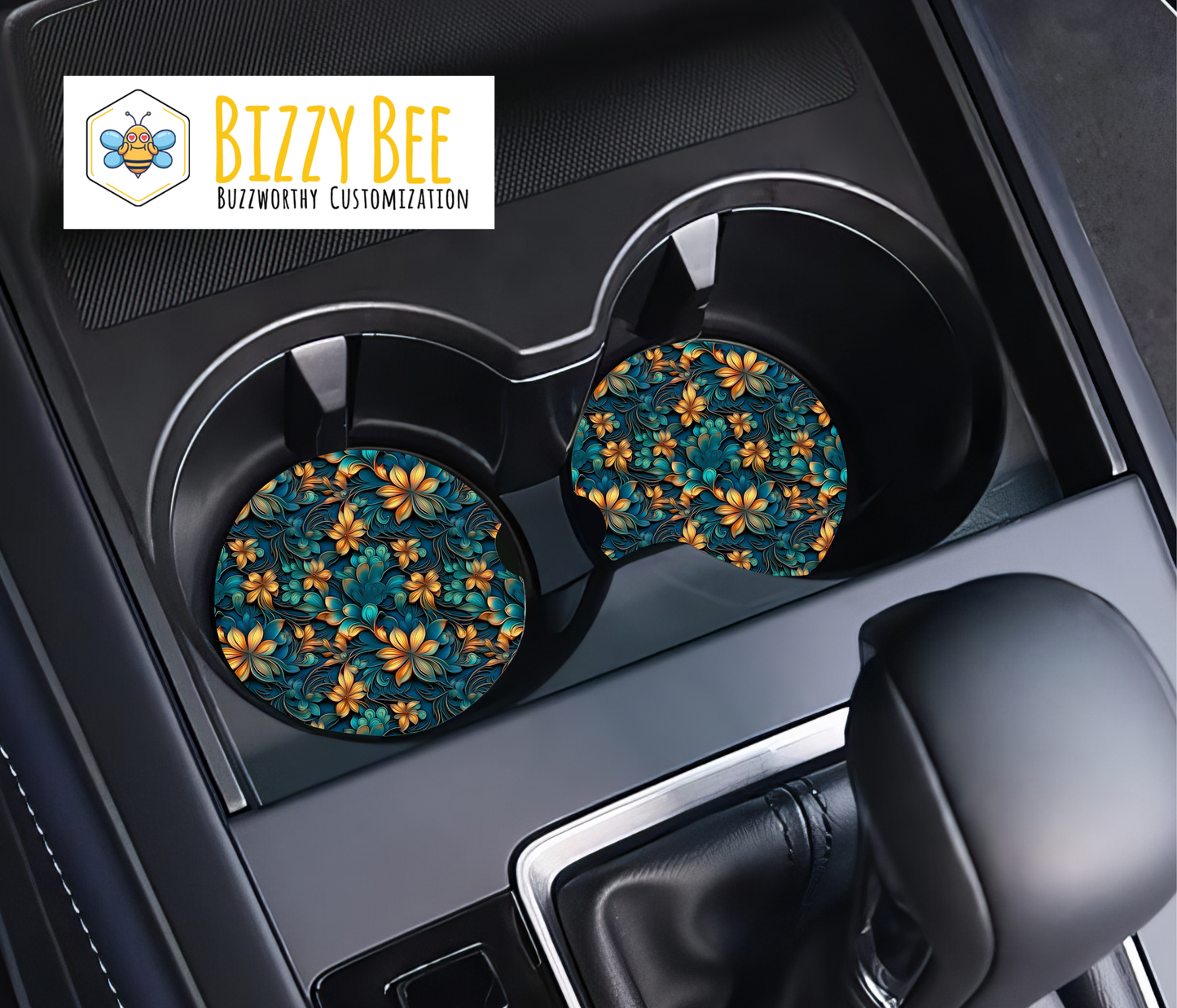 Car Coasters - 2pk - Yellow and Turquoise Flowers