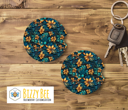 Car Coasters - 2pk - Yellow and Turquoise Flowers