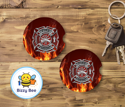 Car Coasters - 2pk - Firefighter Emblem #2 (with fire)