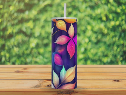 20oz Skinny Tumbler - Colorful Leaves and Blue Background