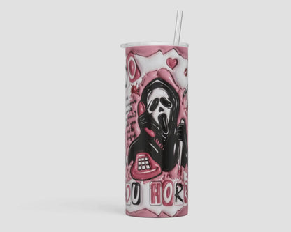 20oz Duo Skinny Tumbler - Cool NEW Halloween design!  The Duo tumbler has 2 lids, both screw on to stop leaks!  Carabiner clip comes in handy to attach to your purse, bookbag, or whatever you need!  BOO You Horror!!