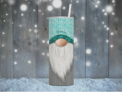 20oz Skinny Tumbler - Gnome with Turquoise knit hat