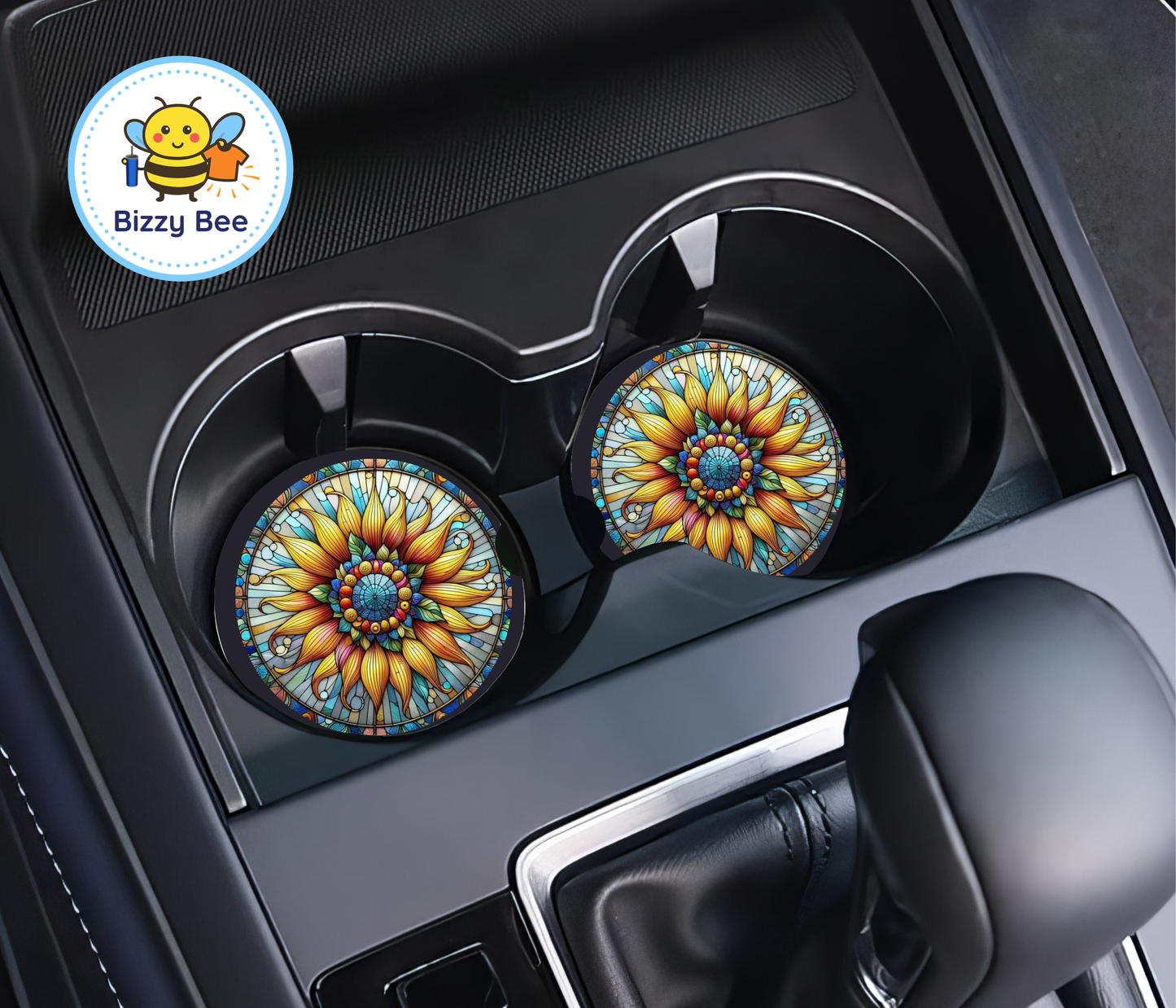 Car Coasters - 2pk - Stained Glass Sunflower