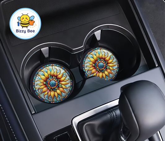 Car Coasters - 2pk - Stained Glass Sunflower